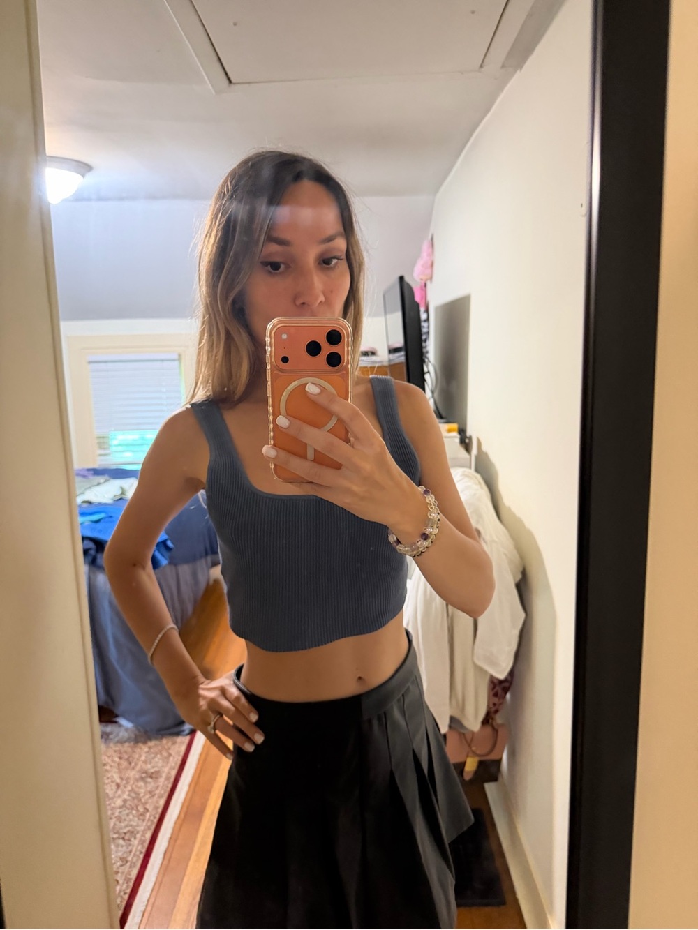 Ribbed Square-Neck Cropped Tank Top in Slate Blue